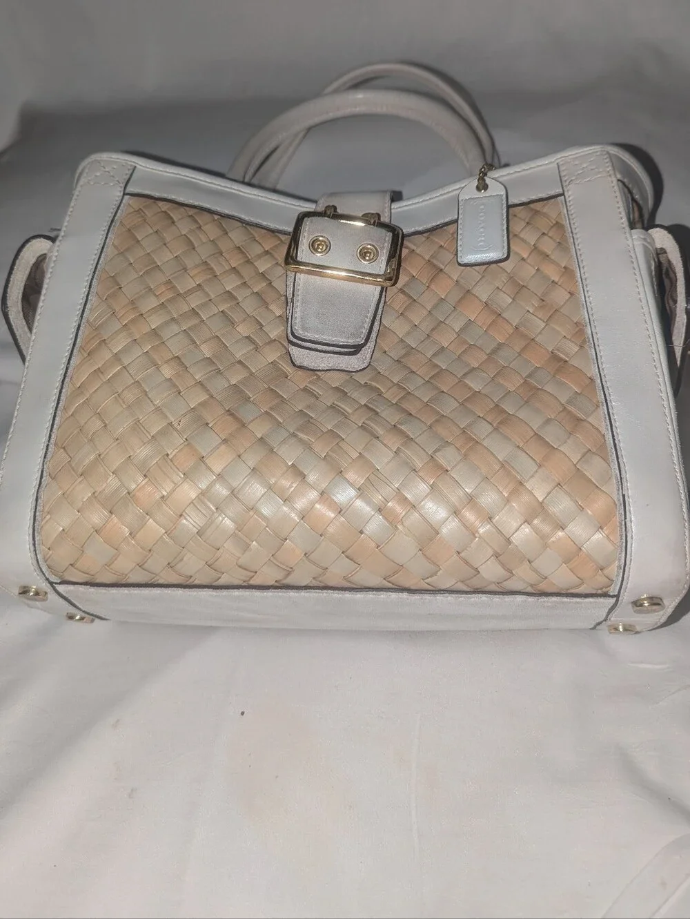 Vintage Coach Hamptons Y2K Woven Satchel in Natural and White Leather 4419